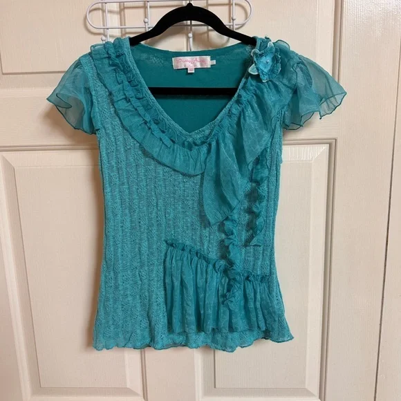 NWOT VTG Y2K Cotton/Linen Blend Asymmetrical Floral Ruffle Blouse Coquette - Picture 2 of 6